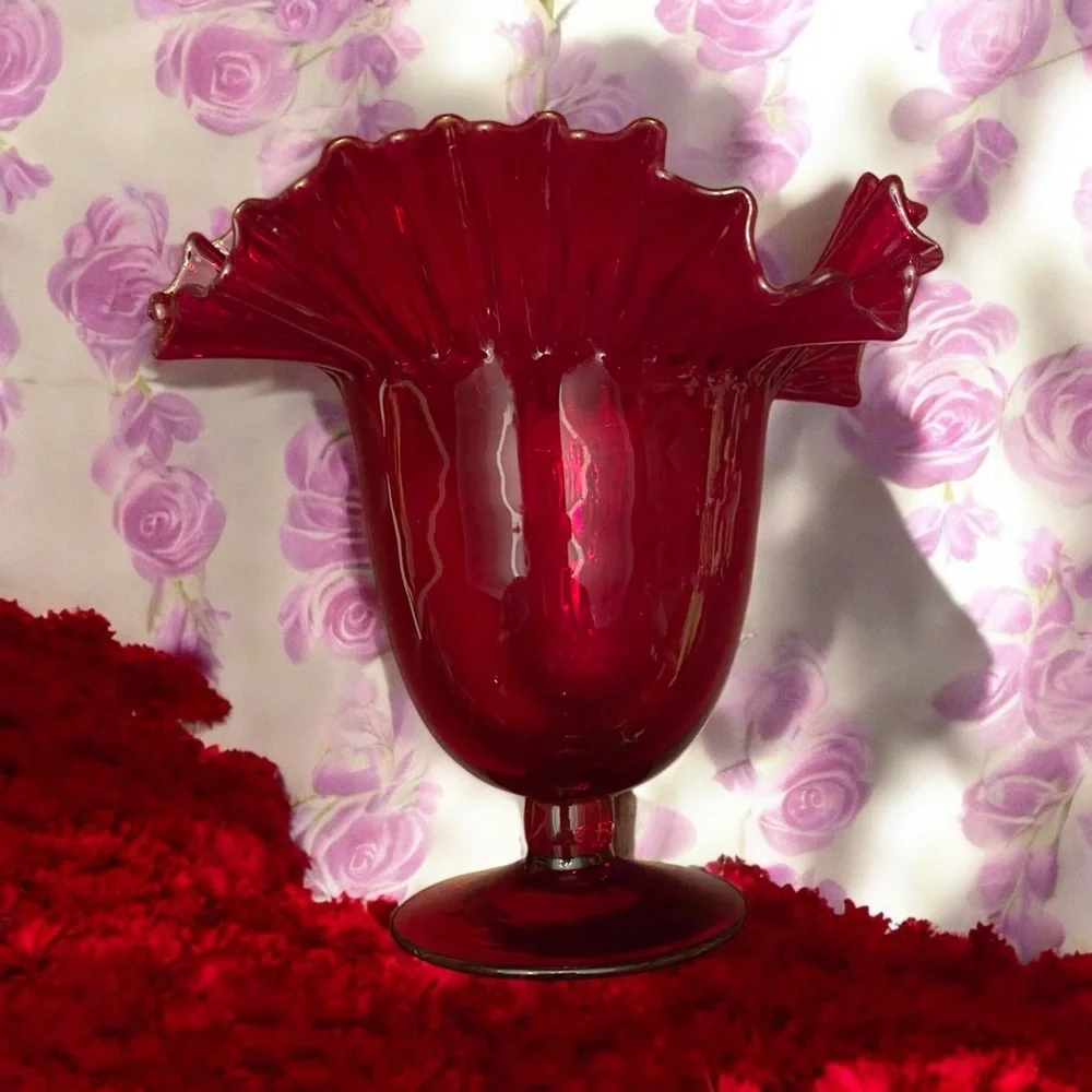 VTG Blenko #388 Ruby Red Art Glass Ruffled Pedestal Vase Mid Century Modern MCM